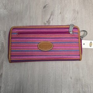 Fossil Keyper Zip Clutch Wallet Colorful Stripes Canvas Leather SL4115875 NEW